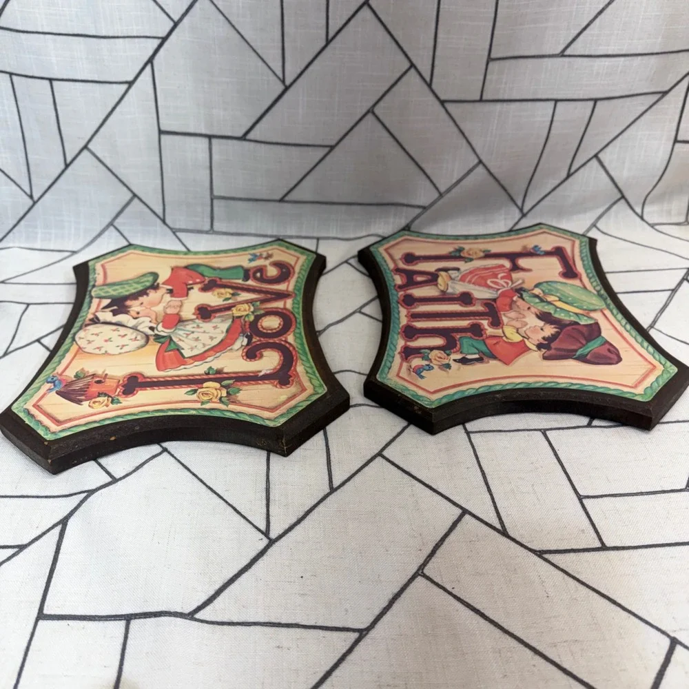 Vintage Wood Wall Plaques Set of 2 Love Faith 11x8.5 Multicolor Cottagecore Art